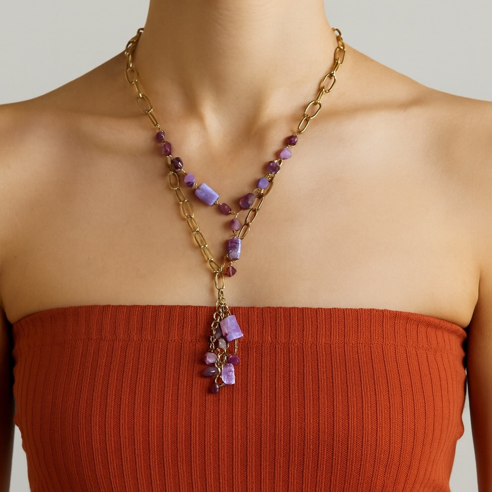 Gold and Purple Stone Tiered Necklace